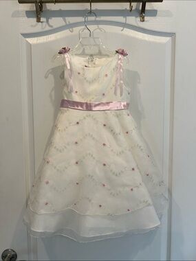 Ivory & Pink Floral Embroidered Girls' Formal Dress with Satin Sash